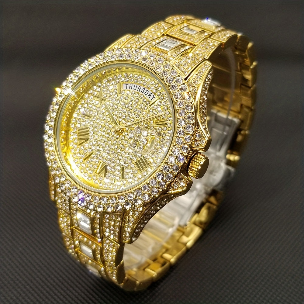 Elegant Golden Quartz Men's Watch - Waterproof, Date Function, with Sparkling Faux Diamonds