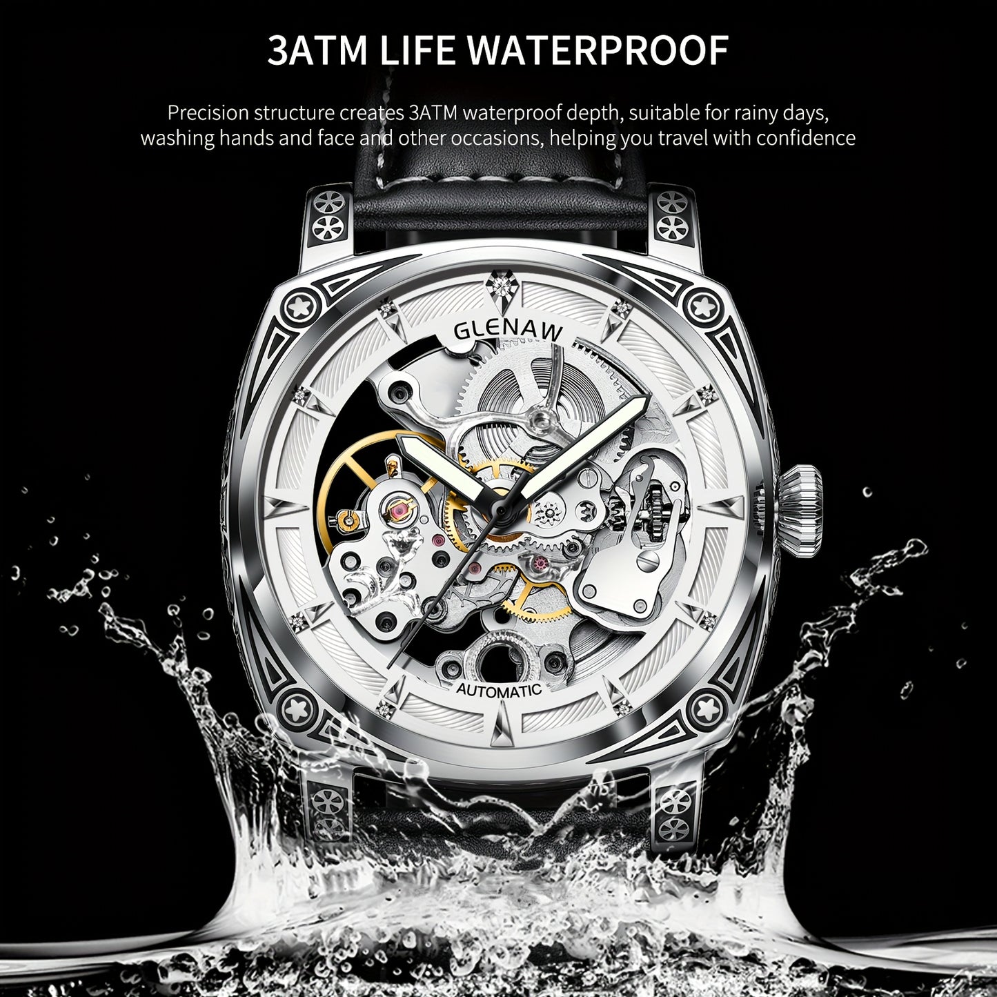 Elegant Vintage-Style Men's Automatic Watch with Hollow-Out Rhinestone Dial, Stainless Steel 30M Waterproof – Ideal Gift Choice