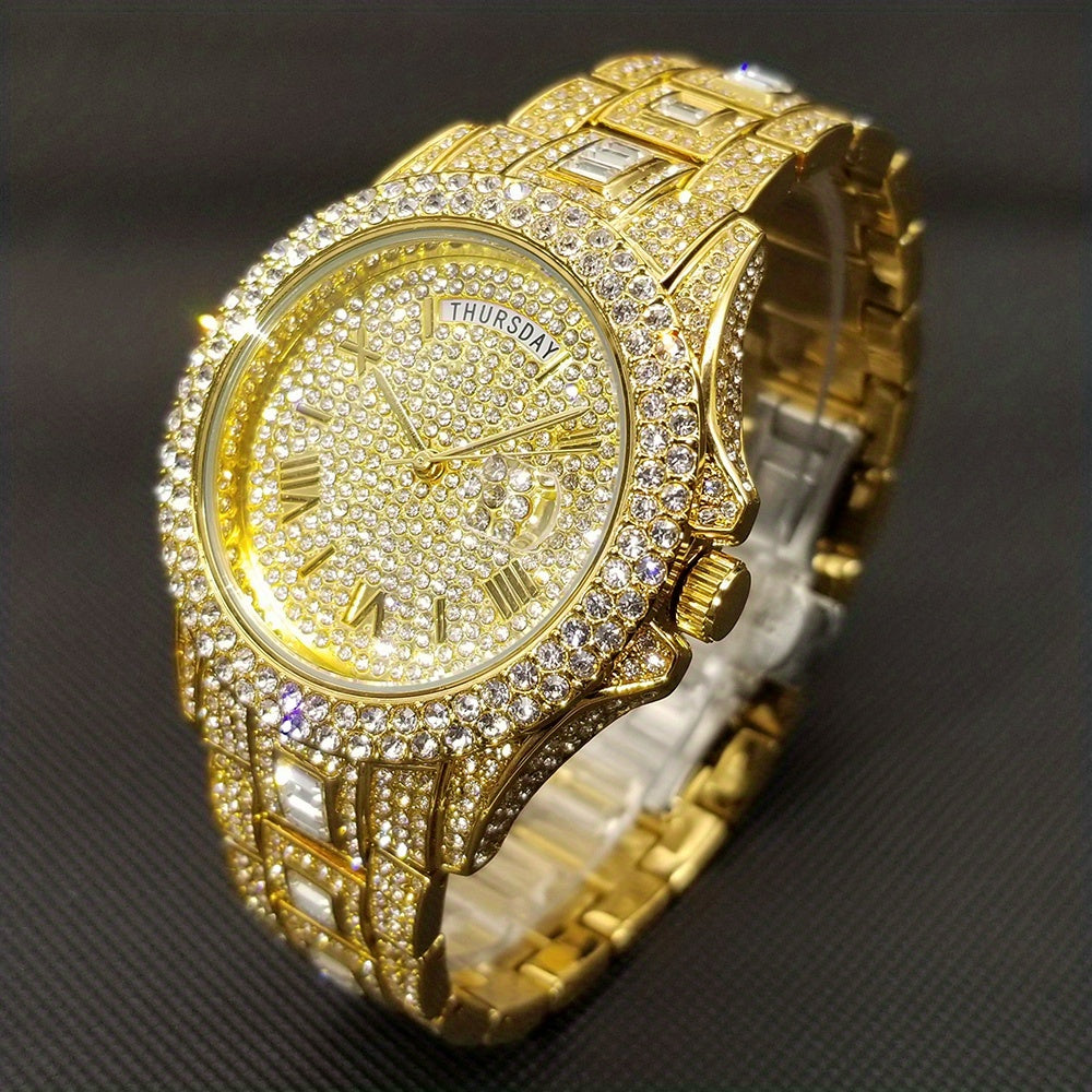 Elegant Golden Quartz Men's Watch - Waterproof, Date Function, with Sparkling Faux Diamonds