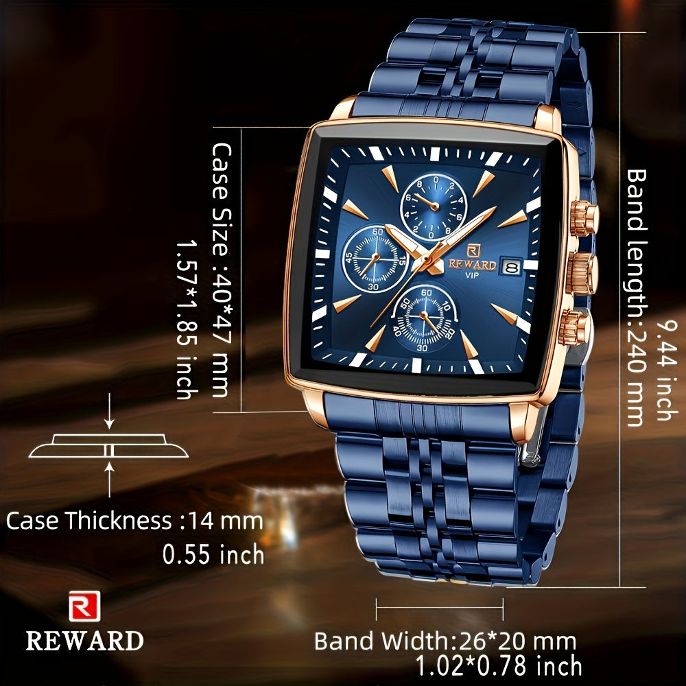Stylish REWARD Men's Watch - Quartz Wrist Watch for Business, Blue Rectangle Face, Luminous Hands, Waterproof, Ideal Gift for Him, Perfect Accessory for Formal Occasions