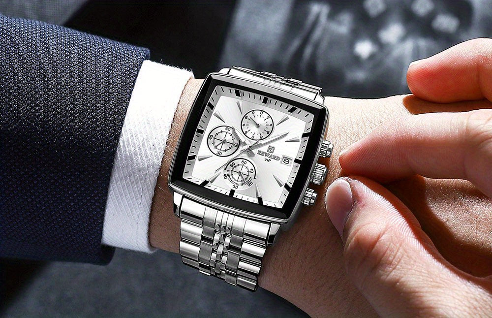 Stylish REWARD Men's Watch - Quartz Wrist Watch for Business, Blue Rectangle Face, Luminous Hands, Waterproof, Ideal Gift for Him, Perfect Accessory for Formal Occasions