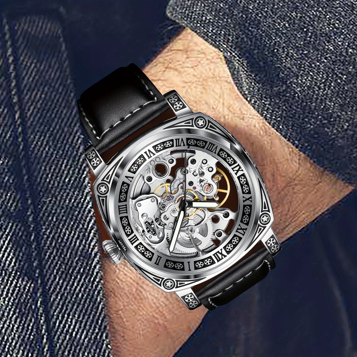 Elegant Waterproof Mechanical Watch for Men: Self-Winding Skeleton with Silver Steel Strap, Vintage Tattoo Case Design, 30m Resistant