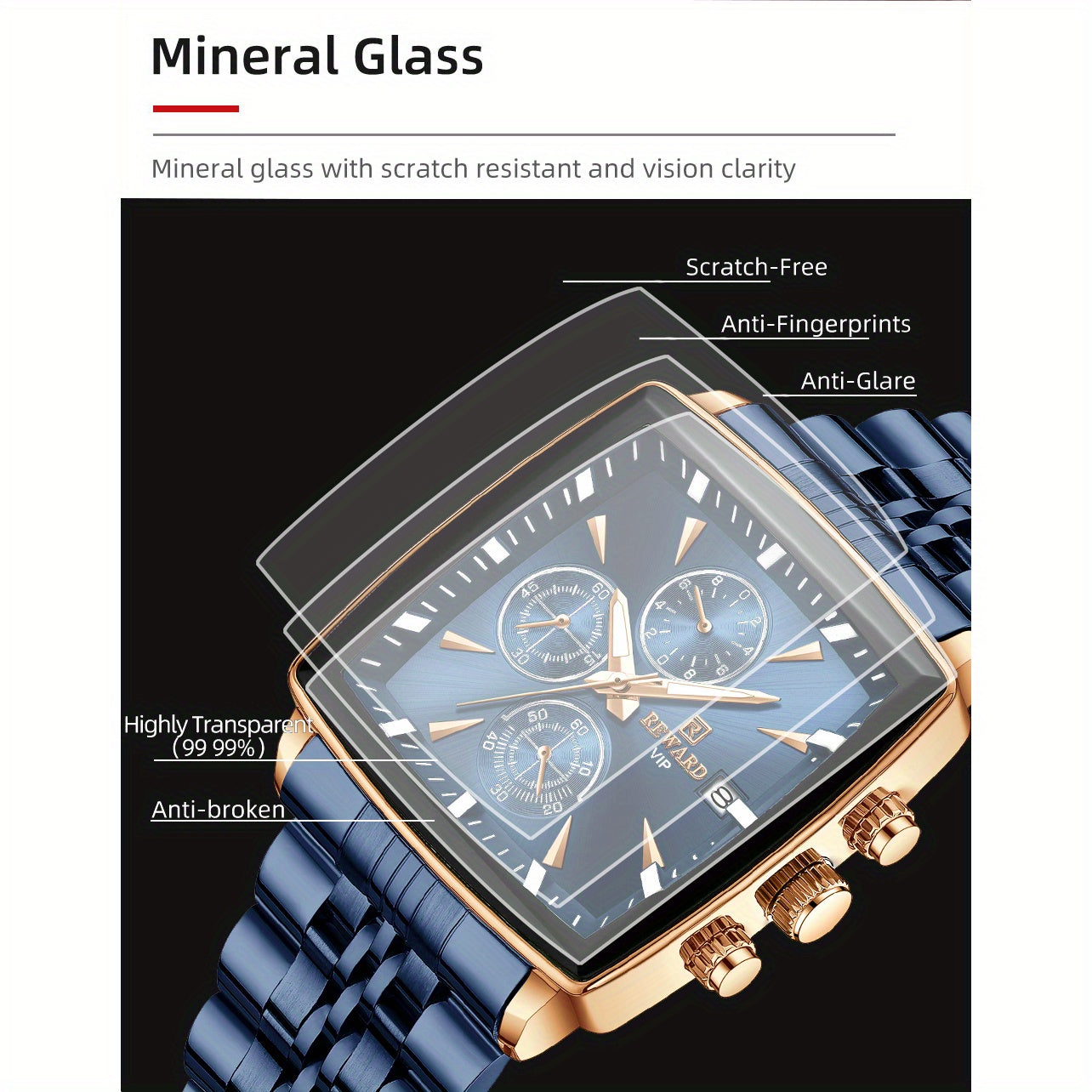 Stylish REWARD Men's Watch - Quartz Wrist Watch for Business, Blue Rectangle Face, Luminous Hands, Waterproof, Ideal Gift for Him, Perfect Accessory for Formal Occasions