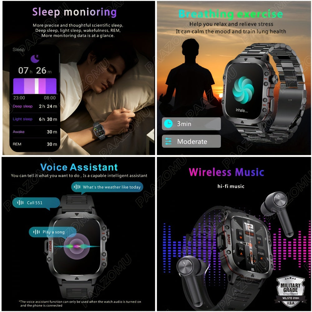 New Rugged Smart Watch Men Wireless Call IP68 Sport Fitness AI Voice Outdoor Smartwatch For Mobile Phones