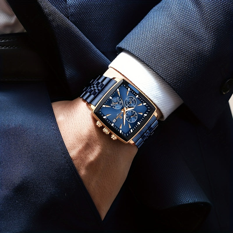 Stylish REWARD Men's Watch - Quartz Wrist Watch for Business, Blue Rectangle Face, Luminous Hands, Waterproof, Ideal Gift for Him, Perfect Accessory for Formal Occasions