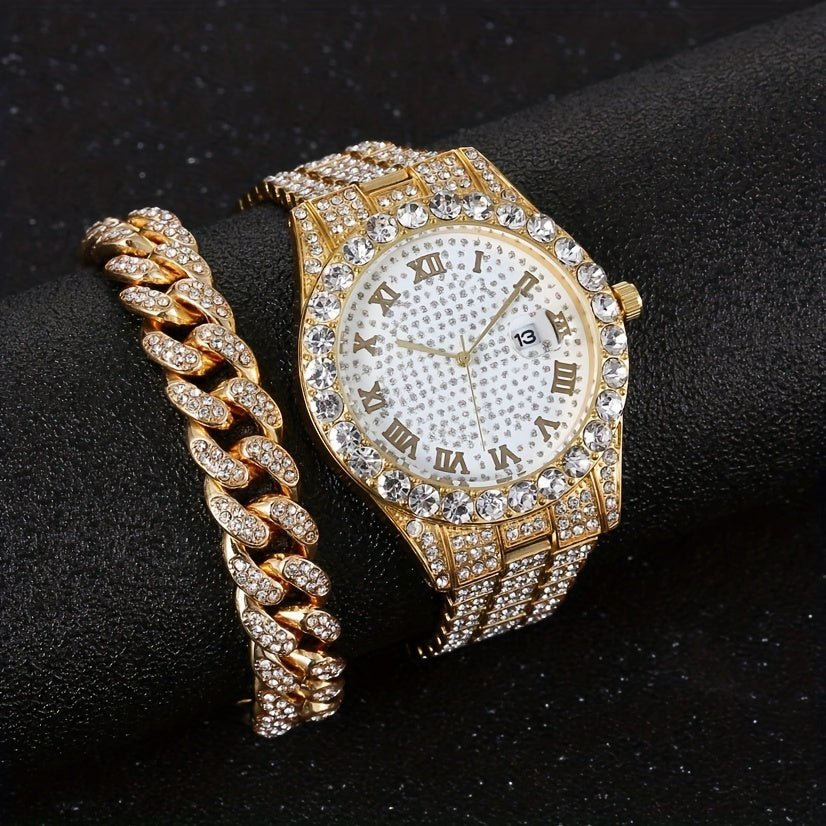 Men's Hip-Hop Inspired Rhinestone Watch with Cuban Bracelet - Street Style Alloy Band, Quartz Movement, Street Street Style