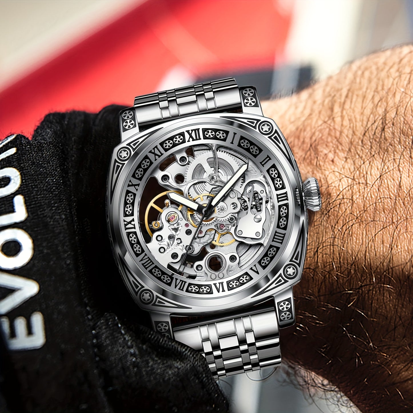 Elegant Waterproof Mechanical Watch for Men: Self-Winding Skeleton with Silver Steel Strap, Vintage Tattoo Case Design, 30m Resistant