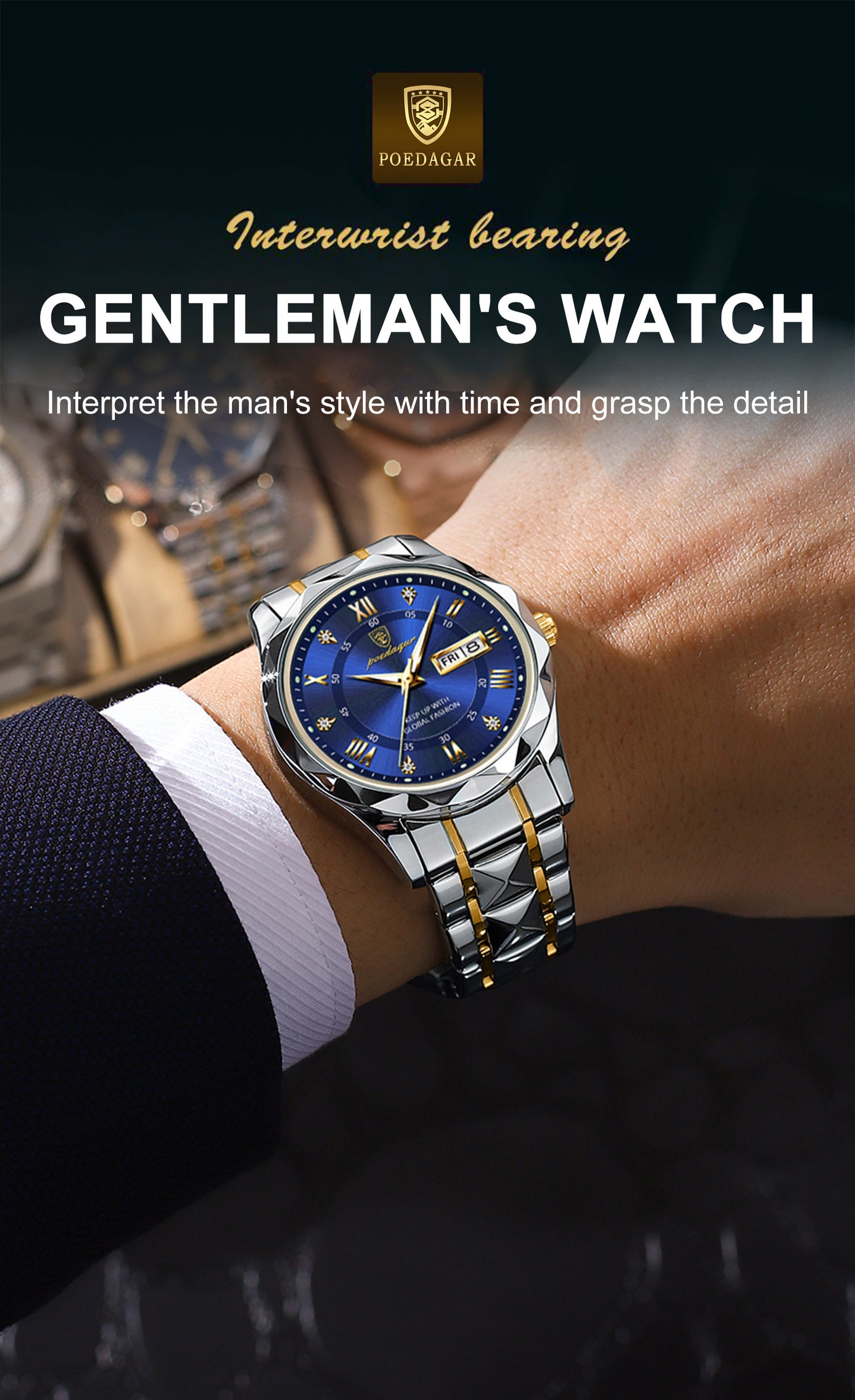 POEDAGAR Men's Stainless Steel Quartz Wristwatch, Luminous Calendar Men's Watch, Ideal Choice For Gifts