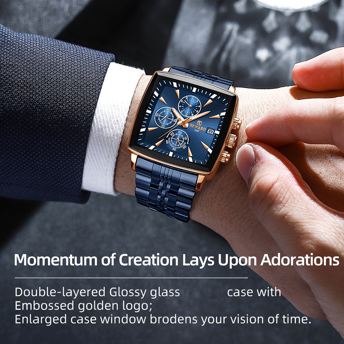 Stylish REWARD Men's Watch - Quartz Wrist Watch for Business, Blue Rectangle Face, Luminous Hands, Waterproof, Ideal Gift for Him, Perfect Accessory for Formal Occasions