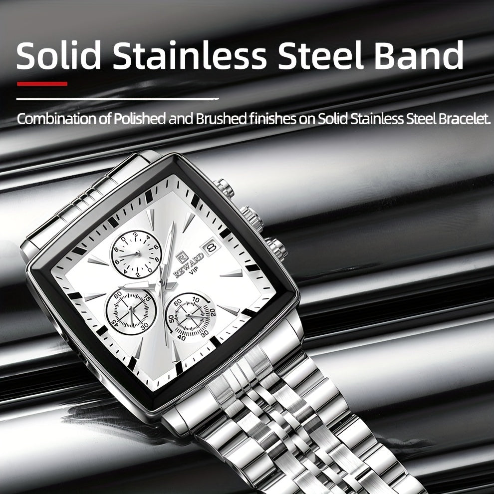 Stylish REWARD Men's Watch - Quartz Wrist Watch for Business, Blue Rectangle Face, Luminous Hands, Waterproof, Ideal Gift for Him, Perfect Accessory for Formal Occasions