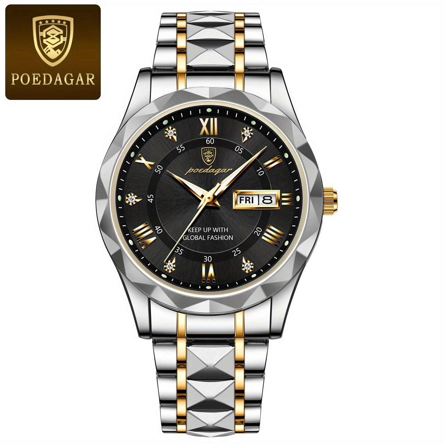 POEDAGAR Men's Stainless Steel Quartz Wristwatch, Luminous Calendar Men's Watch, Ideal Choice For Gifts