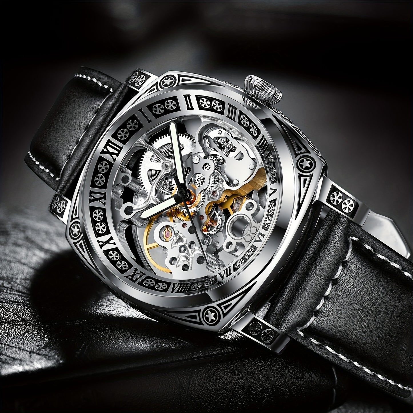 Elegant Waterproof Mechanical Watch for Men: Self-Winding Skeleton with Silver Steel Strap, Vintage Tattoo Case Design, 30m Resistant