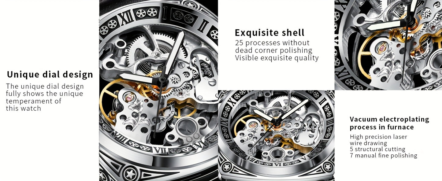 Elegant Waterproof Mechanical Watch for Men: Self-Winding Skeleton with Silver Steel Strap, Vintage Tattoo Case Design, 30m Resistant