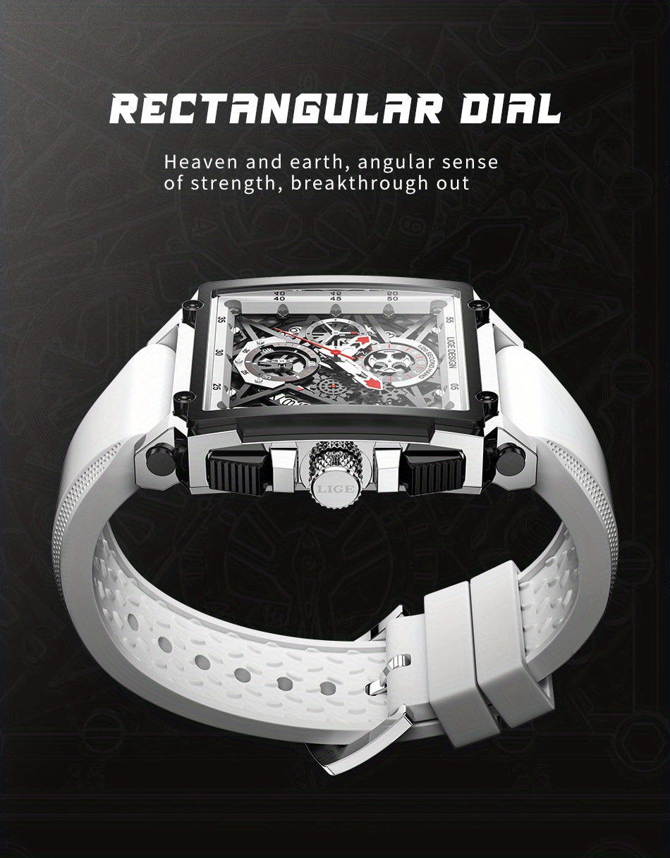 LIGE Men's Watch, Waterproof Quartz Square Wrist Watch For Men, Sports Silicone Watch