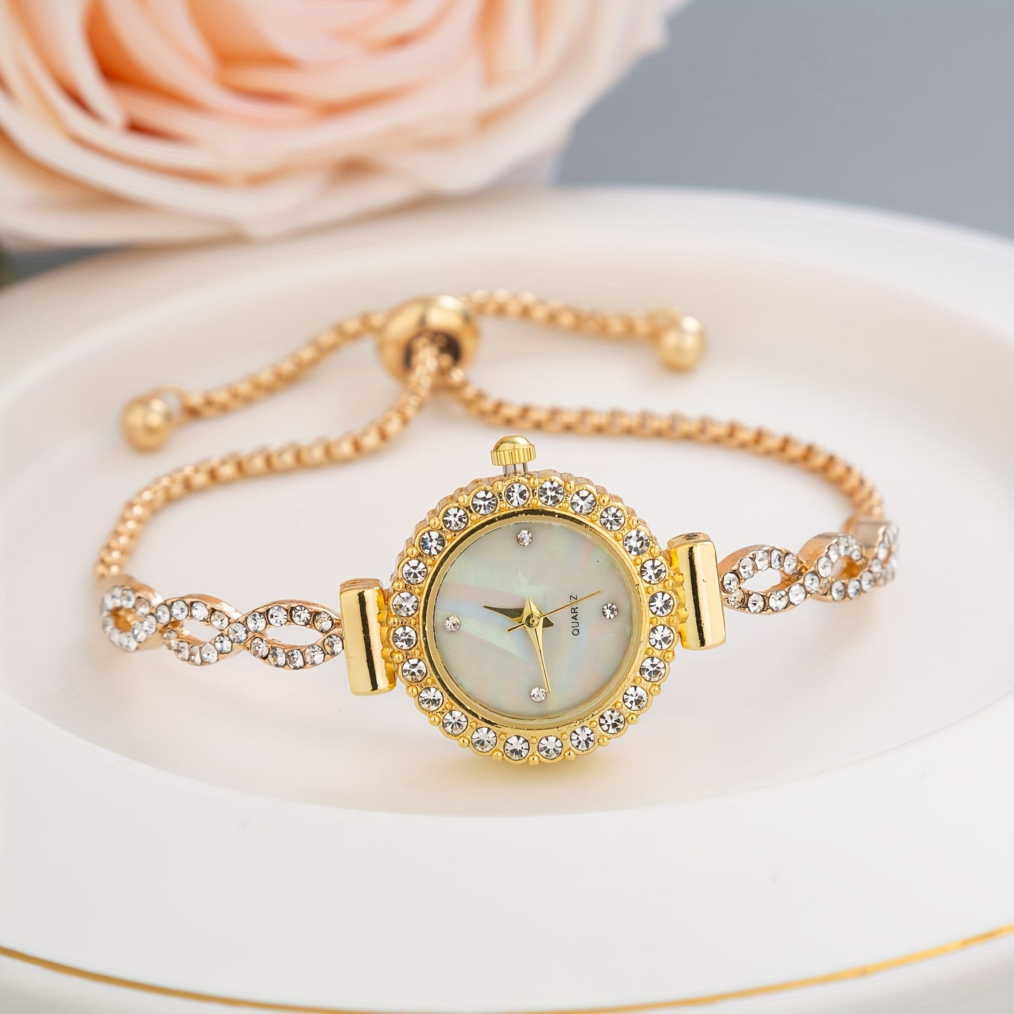 Women's Watch Luxury Rhinestone Quartz Bracelet Watch Elegant Iridescent Dial Analog Wrist Watch