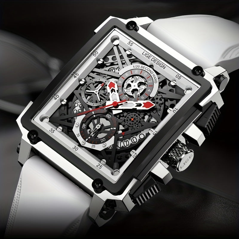 LIGE Men's Watch, Waterproof Quartz Square Wrist Watch For Men, Sports Silicone Watch
