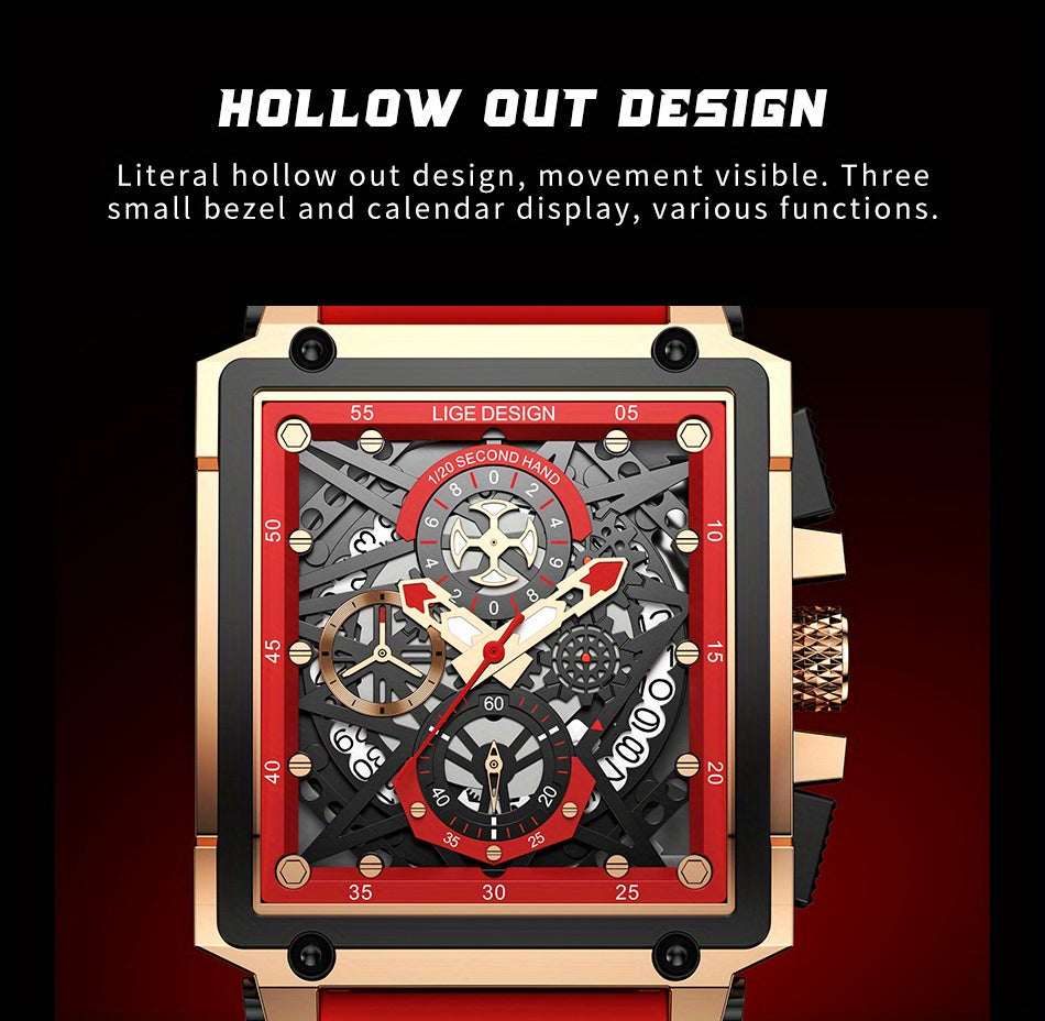 LIGE Men's Watch, Waterproof Quartz Square Wrist Watch For Men, Sports Silicone Watch