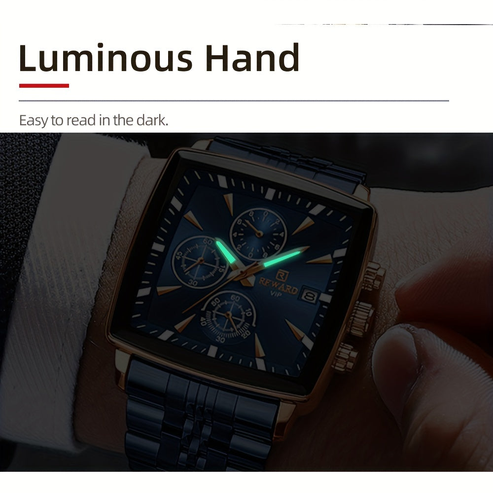 Stylish REWARD Men's Watch - Quartz Wrist Watch for Business, Blue Rectangle Face, Luminous Hands, Waterproof, Ideal Gift for Him, Perfect Accessory for Formal Occasions