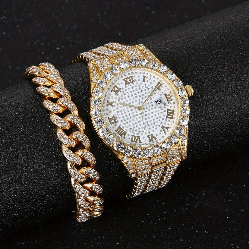 Men's Hip-Hop Inspired Rhinestone Watch with Cuban Bracelet - Street Style Alloy Band, Quartz Movement, Street Street Style