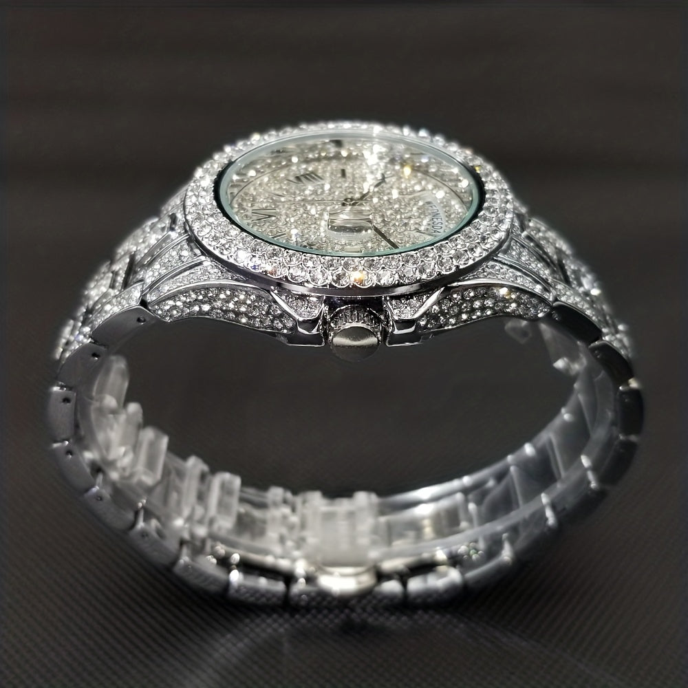 Elegant Golden Quartz Men's Watch - Waterproof, Date Function, with Sparkling Faux Diamonds