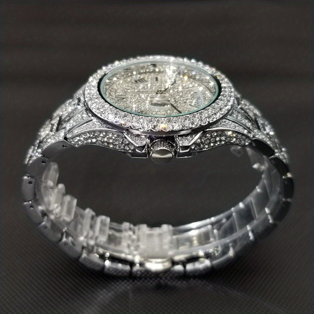 Elegant Golden Quartz Men's Watch - Waterproof, Date Function, with Sparkling Faux Diamonds