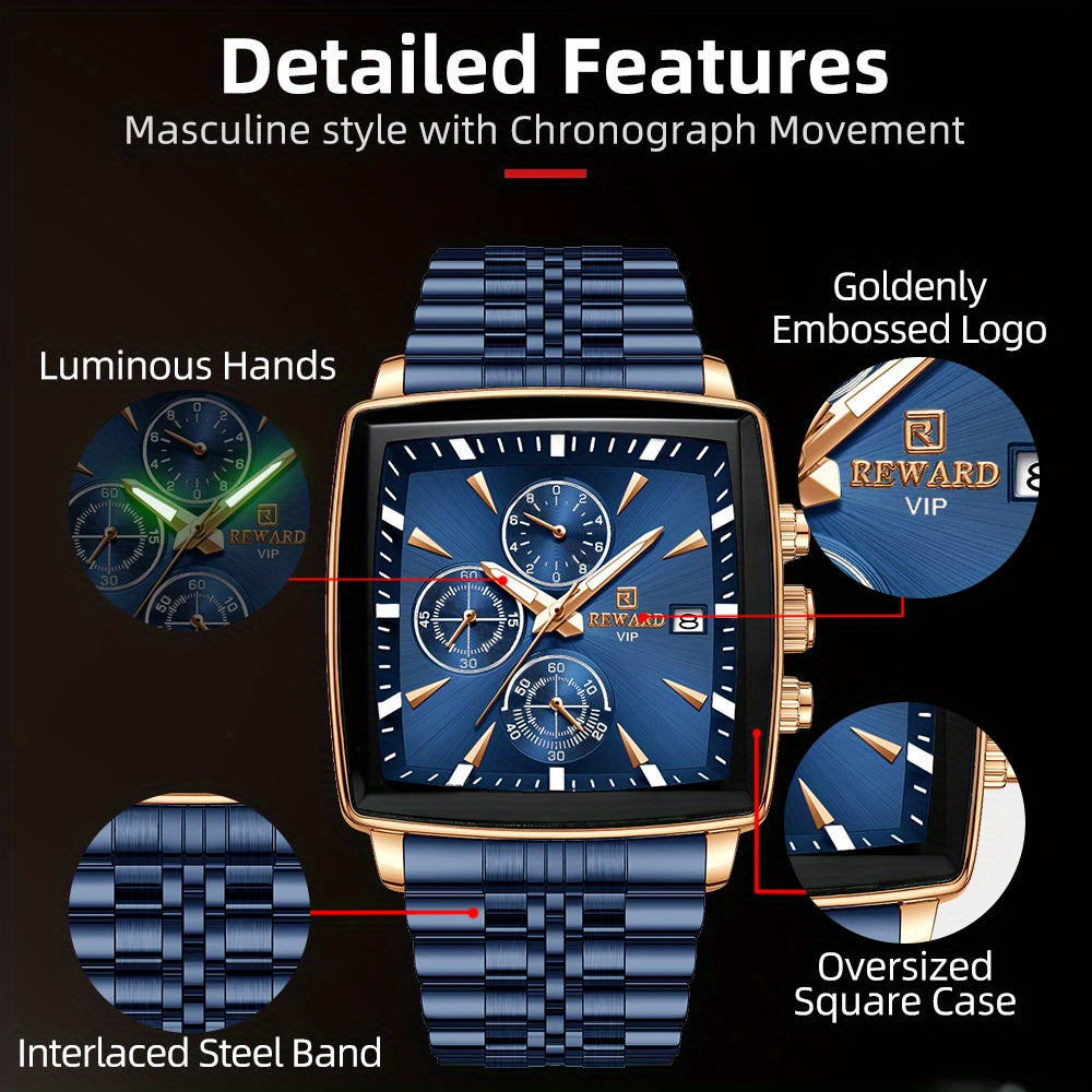 Stylish REWARD Men's Watch - Quartz Wrist Watch for Business, Blue Rectangle Face, Luminous Hands, Waterproof, Ideal Gift for Him, Perfect Accessory for Formal Occasions