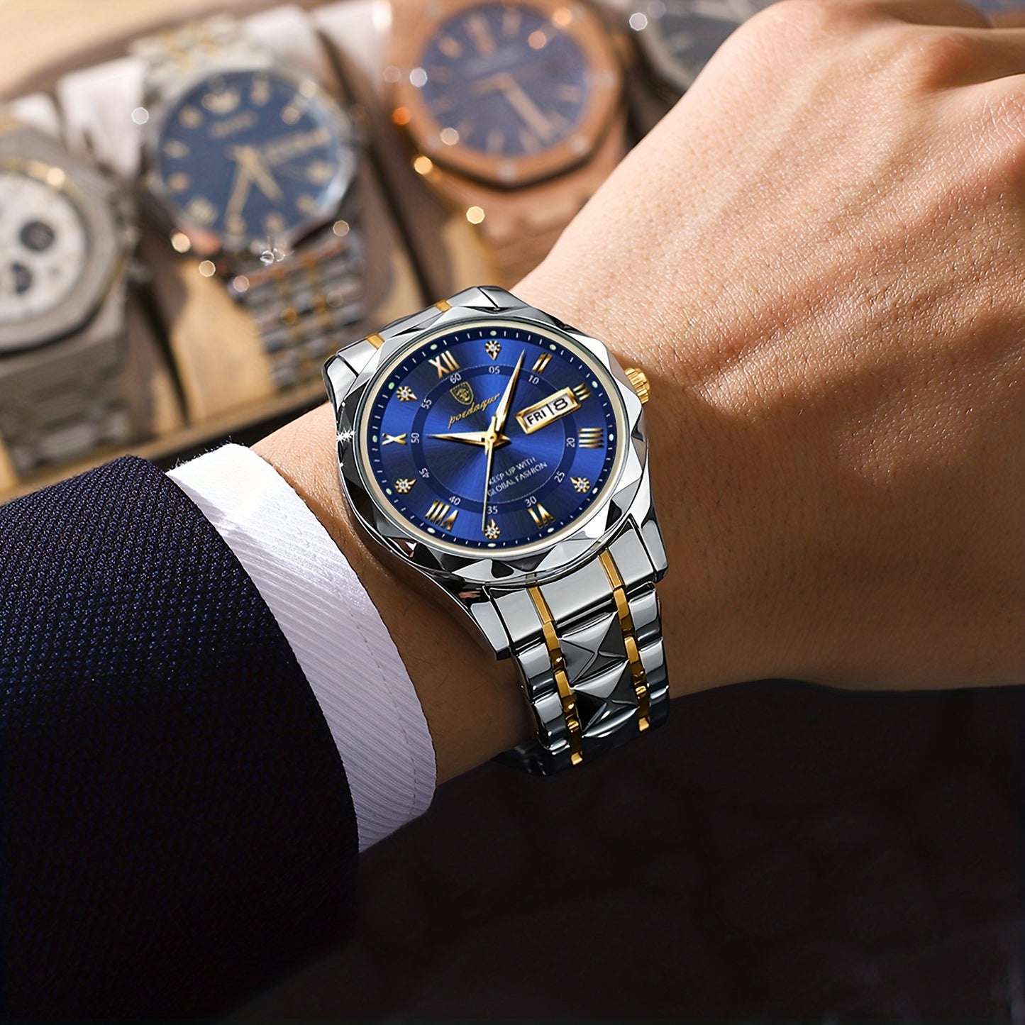 POEDAGAR Men's Stainless Steel Quartz Wristwatch, Luminous Calendar Men's Watch, Ideal Choice For Gifts