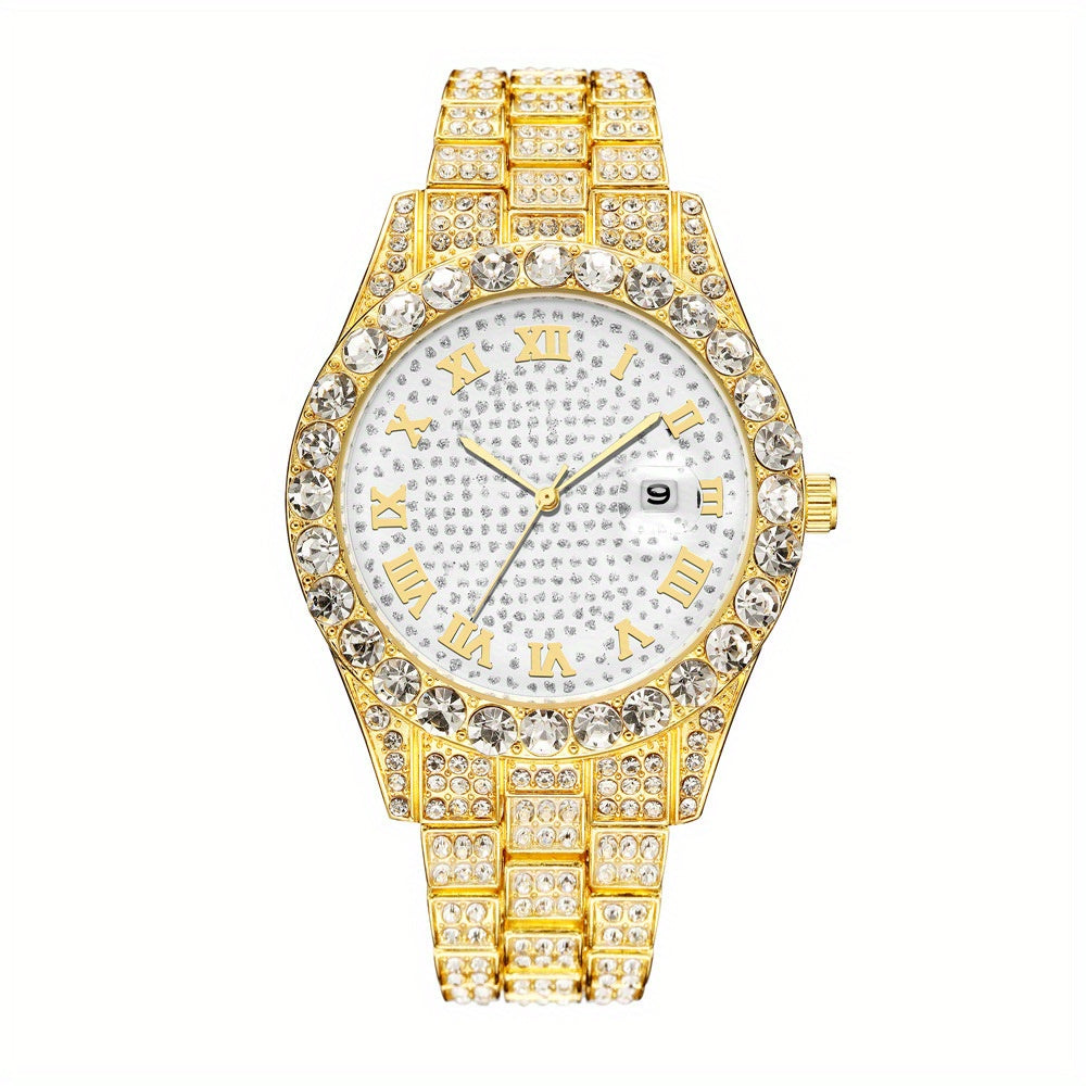 Men's Hip-Hop Inspired Rhinestone Watch with Cuban Bracelet - Street Style Alloy Band, Quartz Movement, Street Street Style