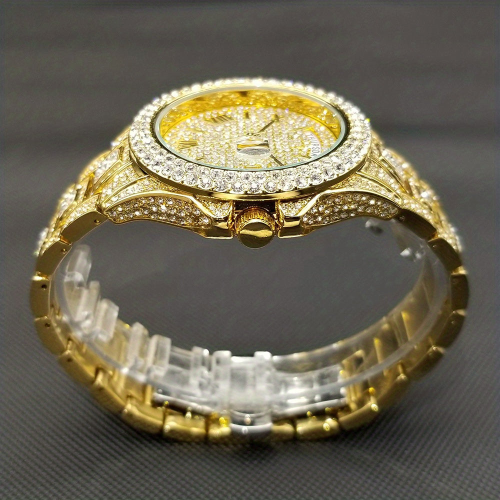 Elegant Golden Quartz Men's Watch - Waterproof, Date Function, with Sparkling Faux Diamonds