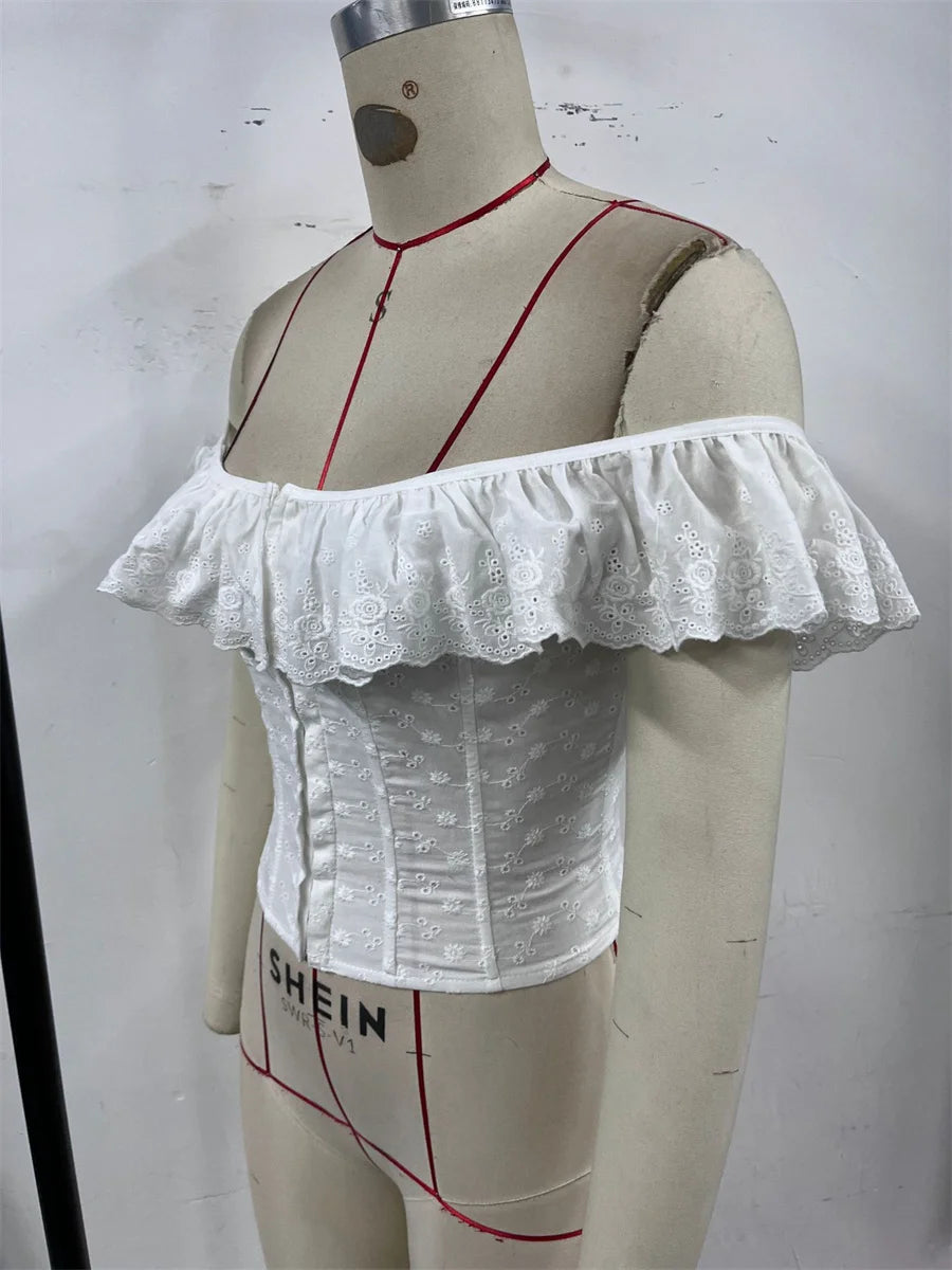 Women 2025 Elegant Lace Up Summer Tops One Shoulder Sweet Hollow Out Corset Lady Chic Crochet Flower Ruffled Sleeveless Camisole