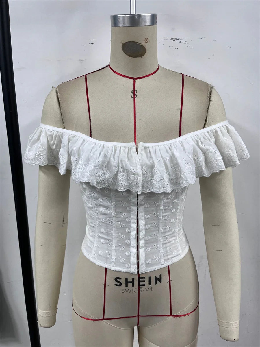 Women 2025 Elegant Lace Up Summer Tops One Shoulder Sweet Hollow Out Corset Lady Chic Crochet Flower Ruffled Sleeveless Camisole