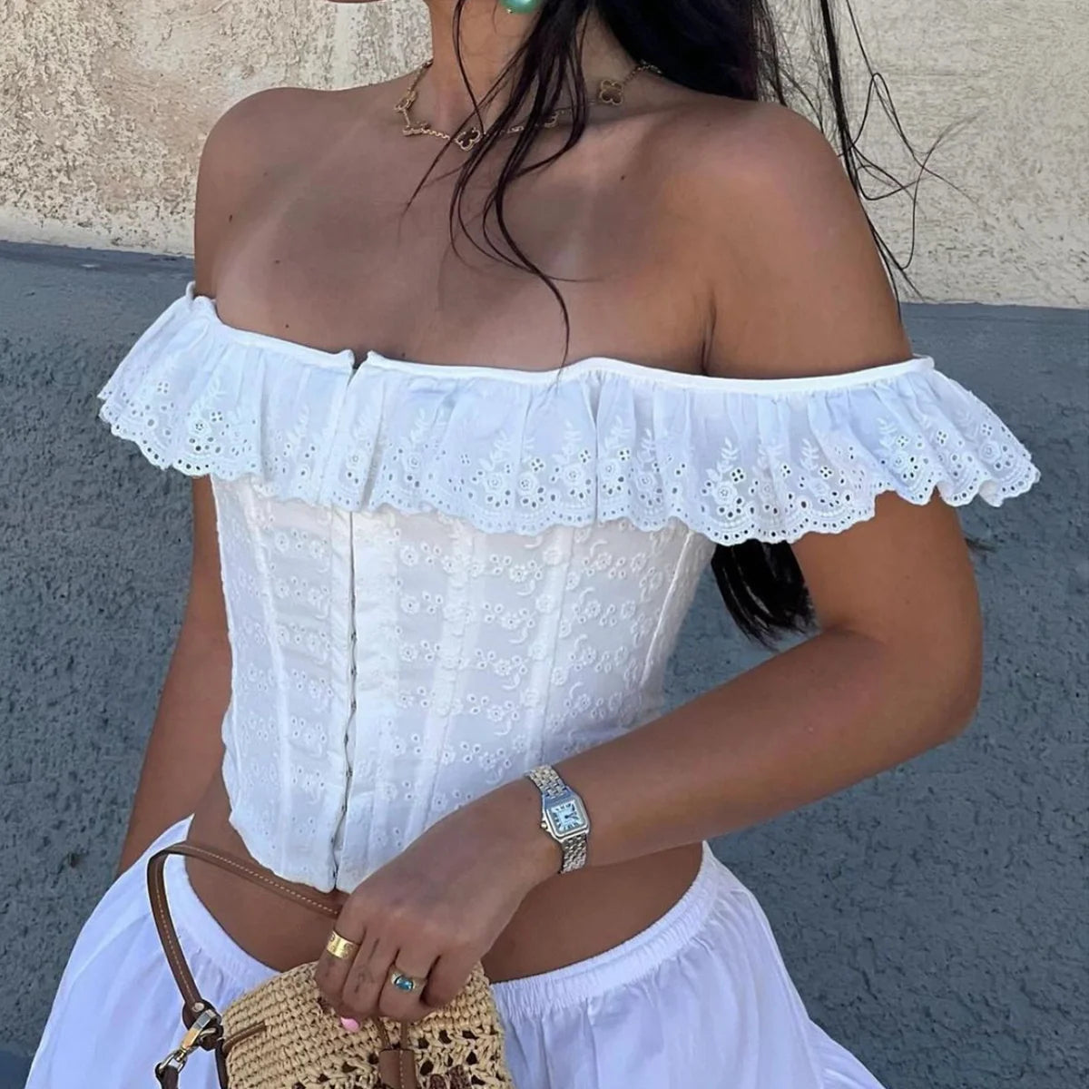 Women 2025 Elegant Lace Up Summer Tops One Shoulder Sweet Hollow Out Corset Lady Chic Crochet Flower Ruffled Sleeveless Camisole