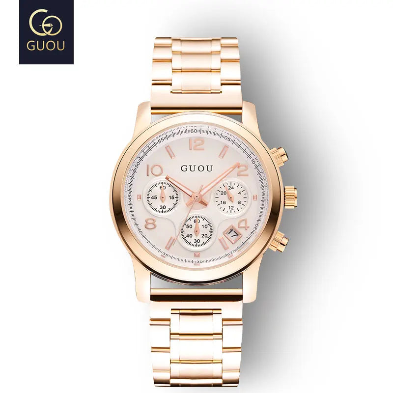 GUOU Ladies Watch Japanese Movement Multi-Function Calendar Steel Band Quartz Waterproof Women's Watch Birthday Gift