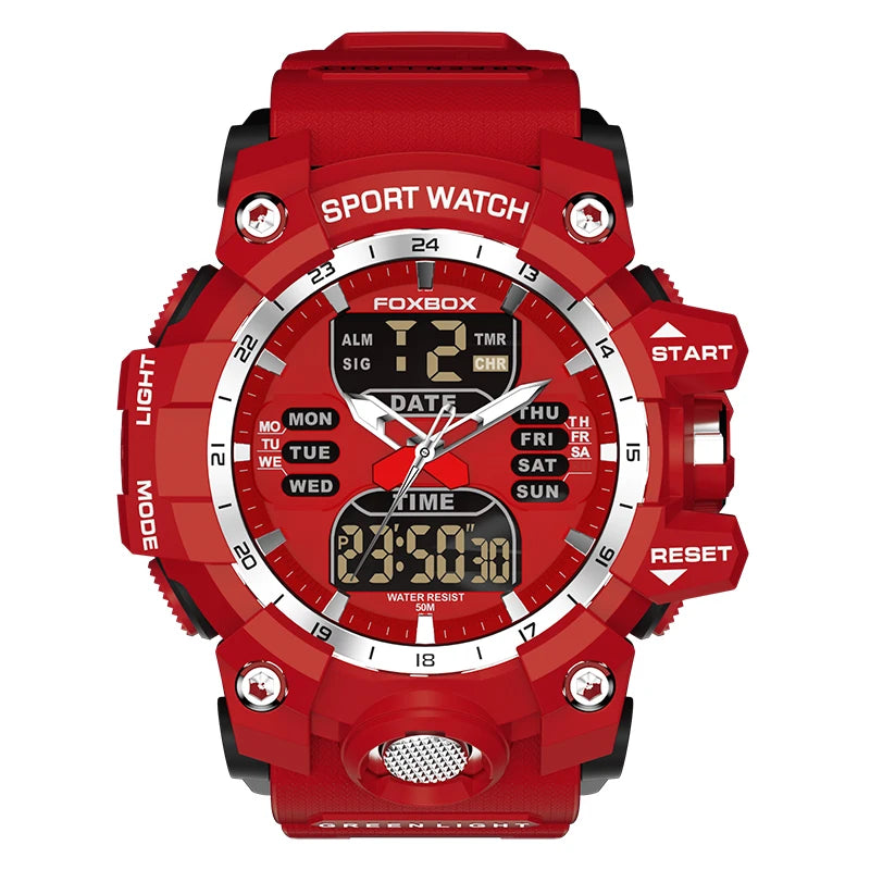 LIGE FB0029 Men Sport Digital Chronograph Alarm Watch with Big Red Dial 5Bar Waterproof Luminous Stop Watch Wristwatch Sport Box
