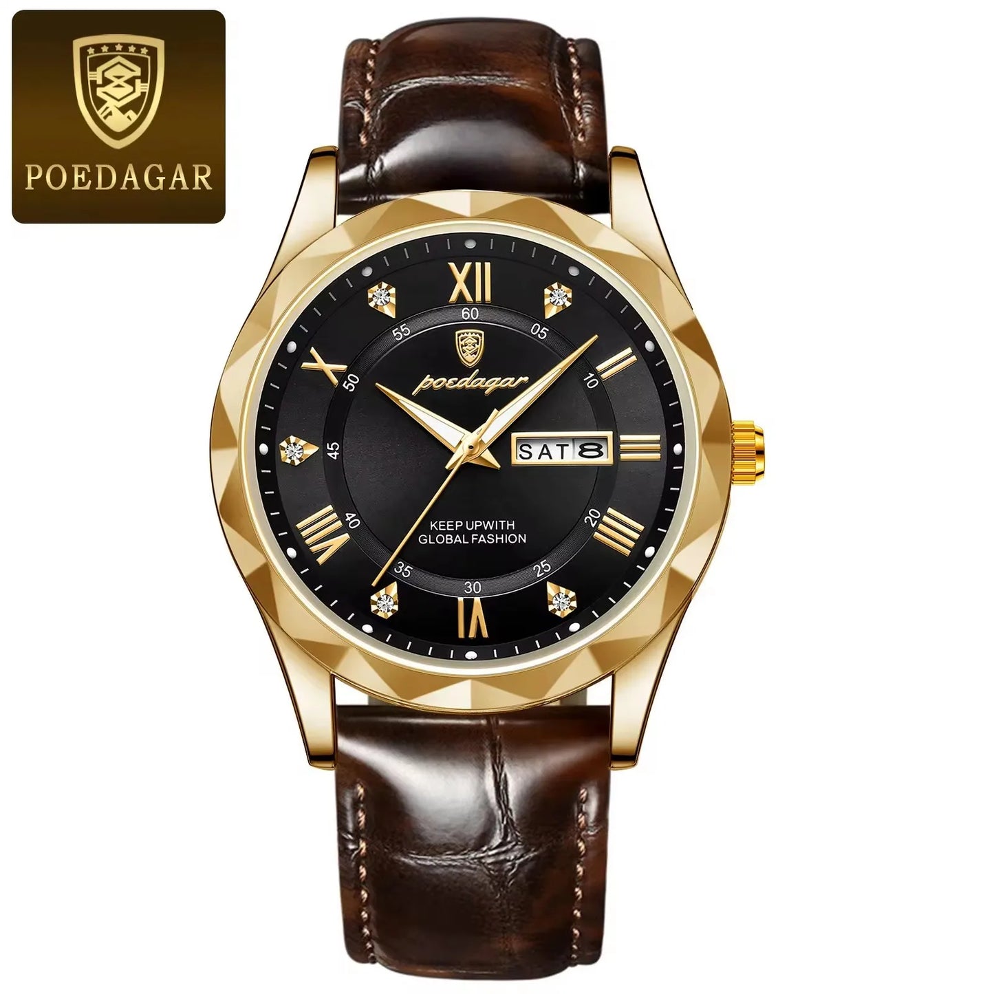 POEDAGAR 615 Business Man Wristwatch Date Week Montre Homme Reloj Quartz Clock Leather Watch Waterproof Luminous Watch for Men