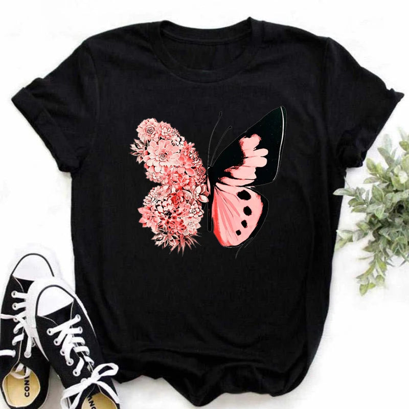 Fashion Red Poppy Women T Shirt Funny Black Printed Tops Tee Female Short Sleeve Tshirt Harajuku Tee Shirts 90s Girls T-shirts