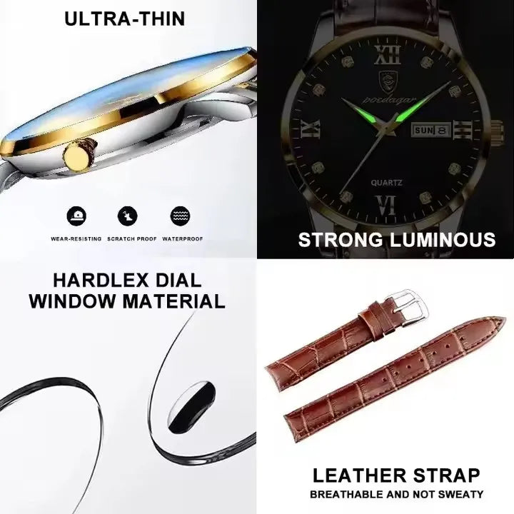 Poedagar 856 New Luxury Casual Business Male Watches Relogio Masculino Date Week Waterproof Luminous Leather Dress Men's Watch