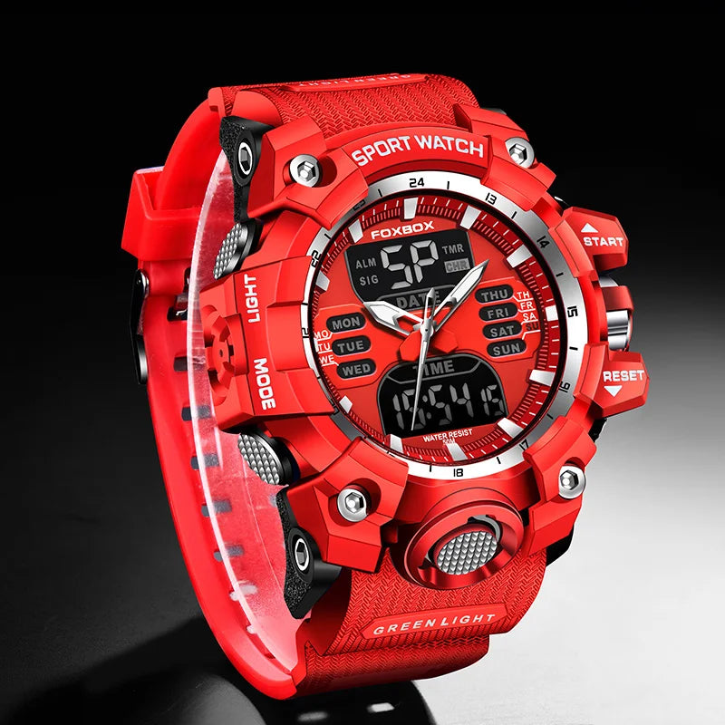LIGE FB0029 Men Sport Digital Chronograph Alarm Watch with Big Red Dial 5Bar Waterproof Luminous Stop Watch Wristwatch Sport Box