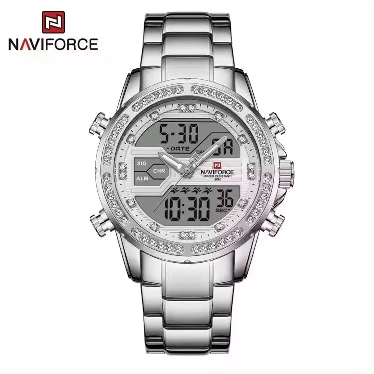NAVIFORC Hot Sellers Waterproof Luxury Men Dual Display Gold Diamond Watches Stainless Steel Chronograph Sport Watches for Male