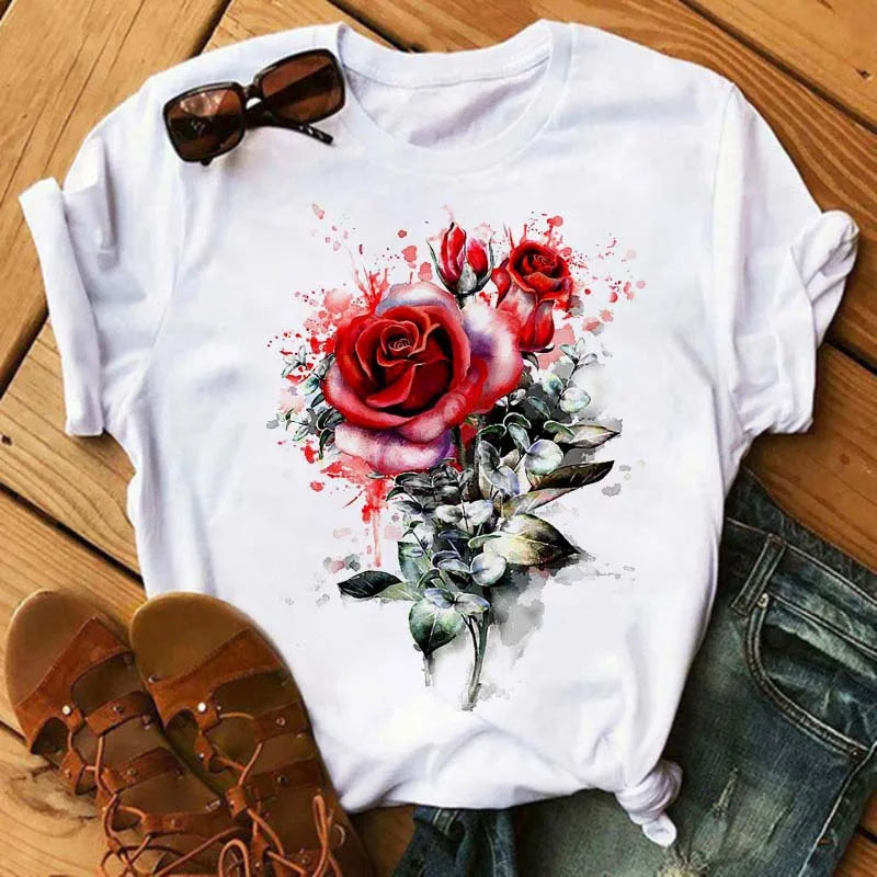 Fashion Red Poppy Women T Shirt Funny Black Printed Tops Tee Female Short Sleeve Tshirt Harajuku Tee Shirts 90s Girls T-shirts