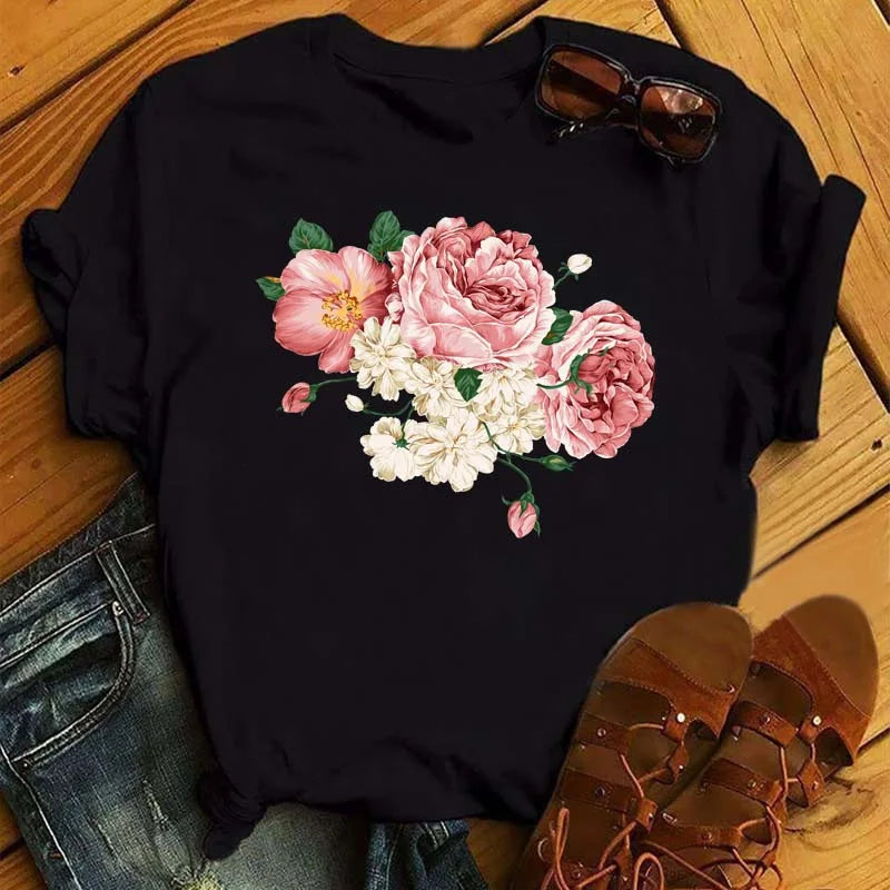 Fashion Red Poppy Women T Shirt Funny Black Printed Tops Tee Female Short Sleeve Tshirt Harajuku Tee Shirts 90s Girls T-shirts