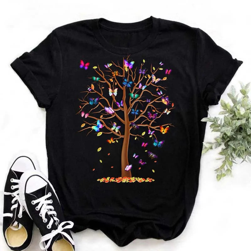 Fashion Red Poppy Women T Shirt Funny Black Printed Tops Tee Female Short Sleeve Tshirt Harajuku Tee Shirts 90s Girls T-shirts