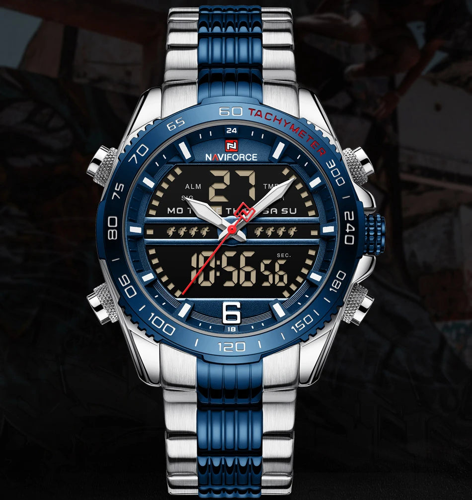 NAVIFORCE 9195S Mens Multi Function Waterproof Sports Watch Fashion Stainless Steel Chain Analog LED Watch