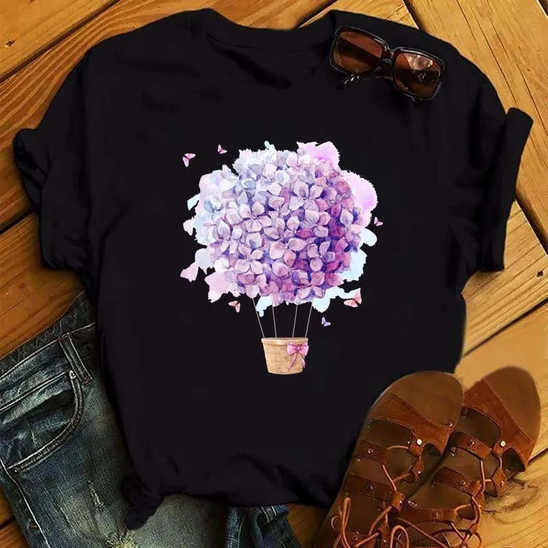 Fashion Red Poppy Women T Shirt Funny Black Printed Tops Tee Female Short Sleeve Tshirt Harajuku Tee Shirts 90s Girls T-shirts