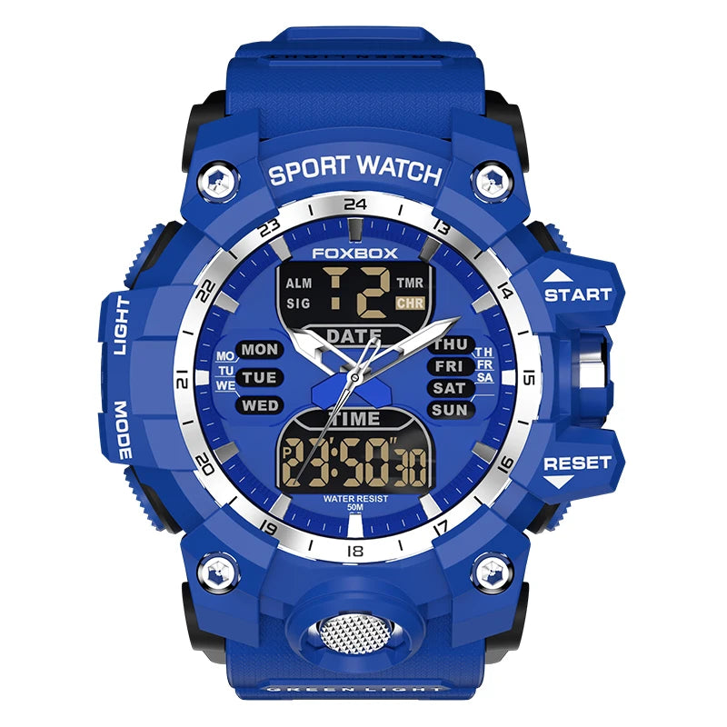 LIGE FB0029 Men Sport Digital Chronograph Alarm Watch with Big Red Dial 5Bar Waterproof Luminous Stop Watch Wristwatch Sport Box