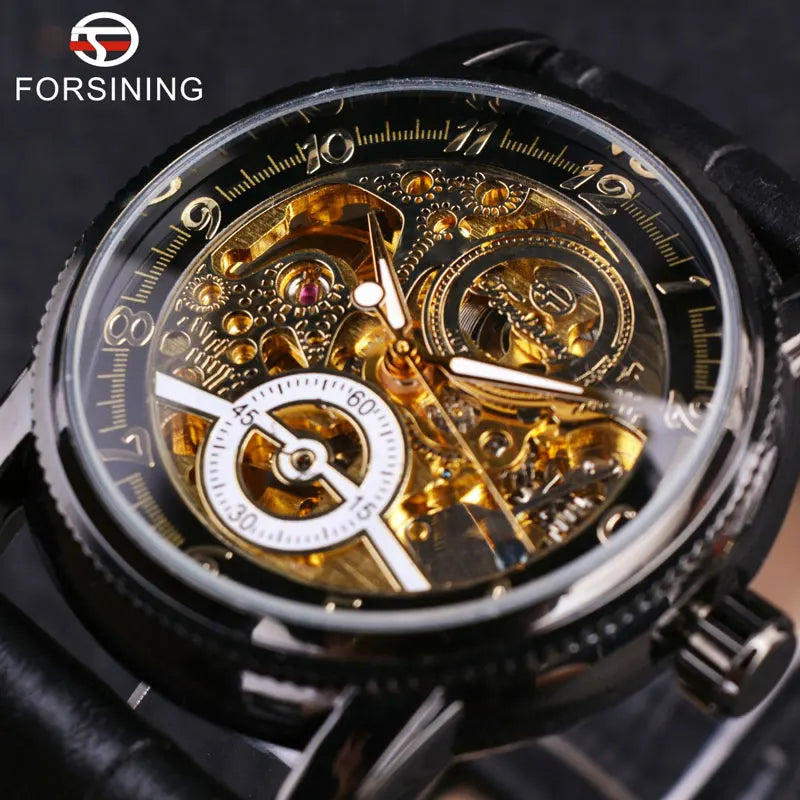 2023 Forsining Hollow Engraving Casual Designer Black Golden Case Gear Bezel Watches Men Luxury Brand Automatic