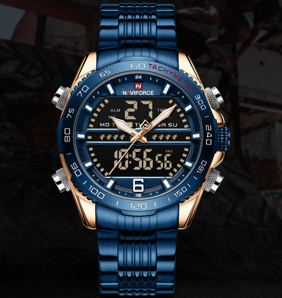 NAVIFORCE 9195S Mens Multi Function Waterproof Sports Watch Fashion Stainless Steel Chain Analog LED Watch