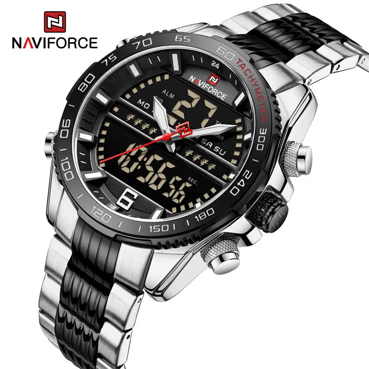 NAVIFORCE 9195S Mens Multi Function Waterproof Sports Watch Fashion Stainless Steel Chain Analog LED Watch
