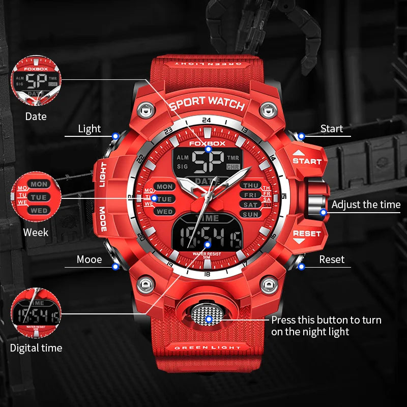 LIGE FB0029 Men Sport Digital Chronograph Alarm Watch with Big Red Dial 5Bar Waterproof Luminous Stop Watch Wristwatch Sport Box