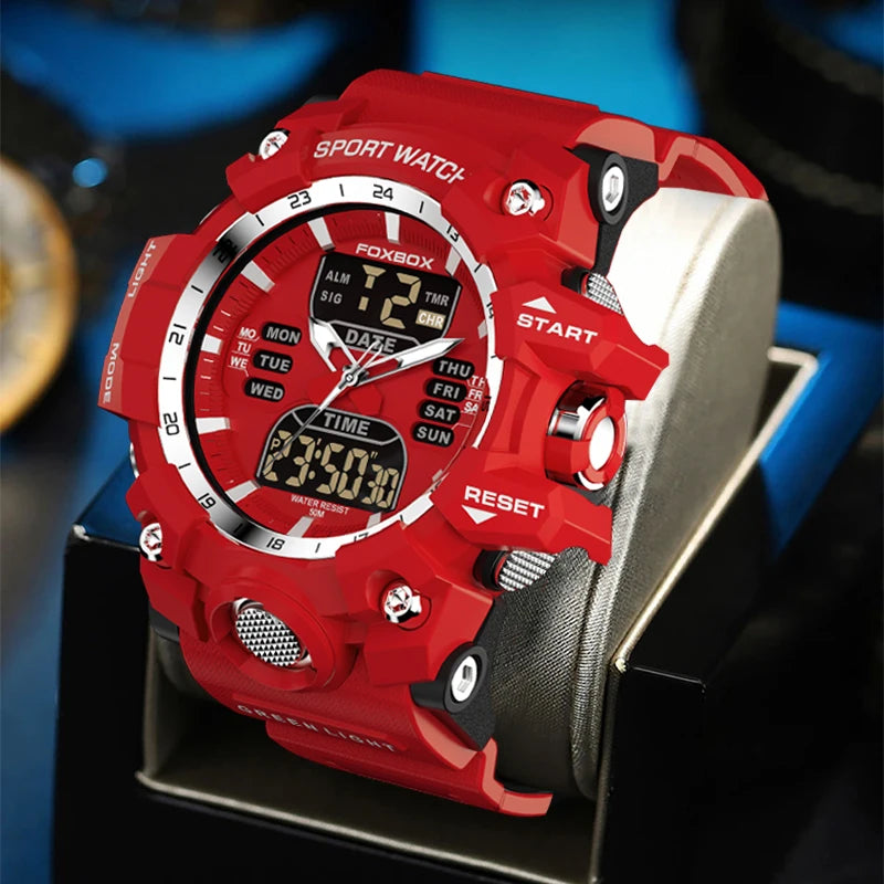 LIGE FB0029 Men Sport Digital Chronograph Alarm Watch with Big Red Dial 5Bar Waterproof Luminous Stop Watch Wristwatch Sport Box